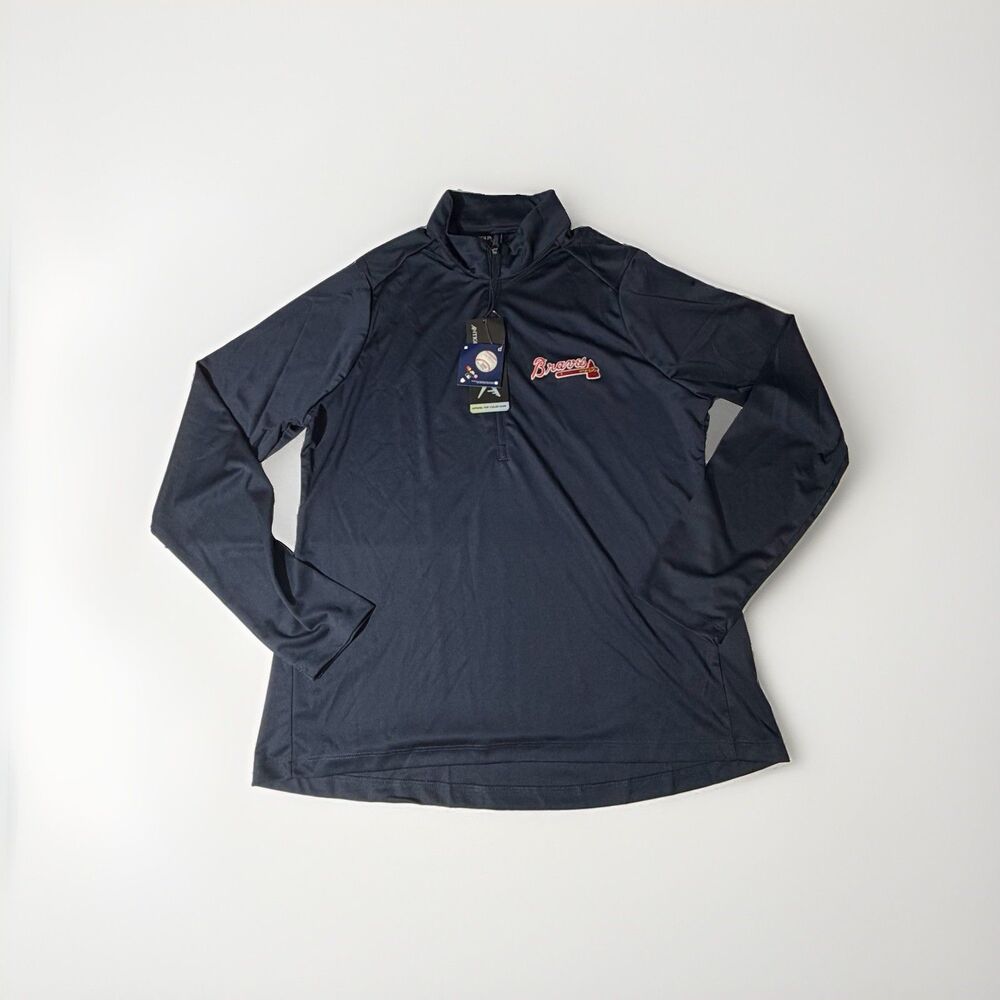 NWT Atlanta Braves Antigua Women’s Large Navy 1/4 Zip Tribute Pullover MLB
